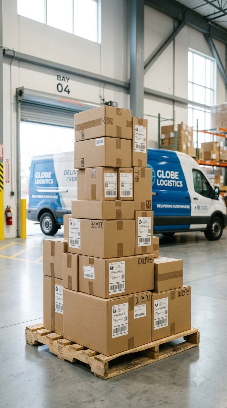 Palletized consignment of packaged boxes staged at a warehouse loading bay, ready for outbound dispatch