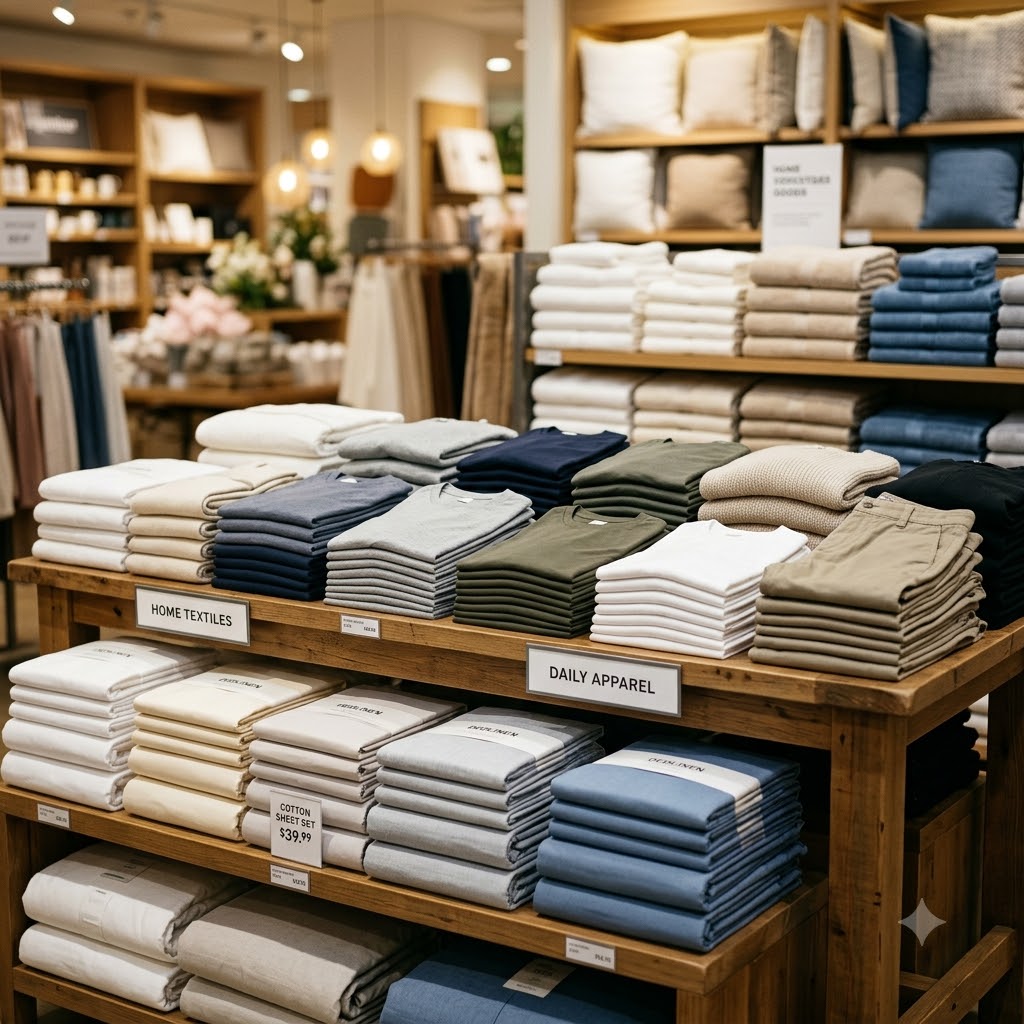 Folded bed linen and apparel stock displayed by category on retail shelving