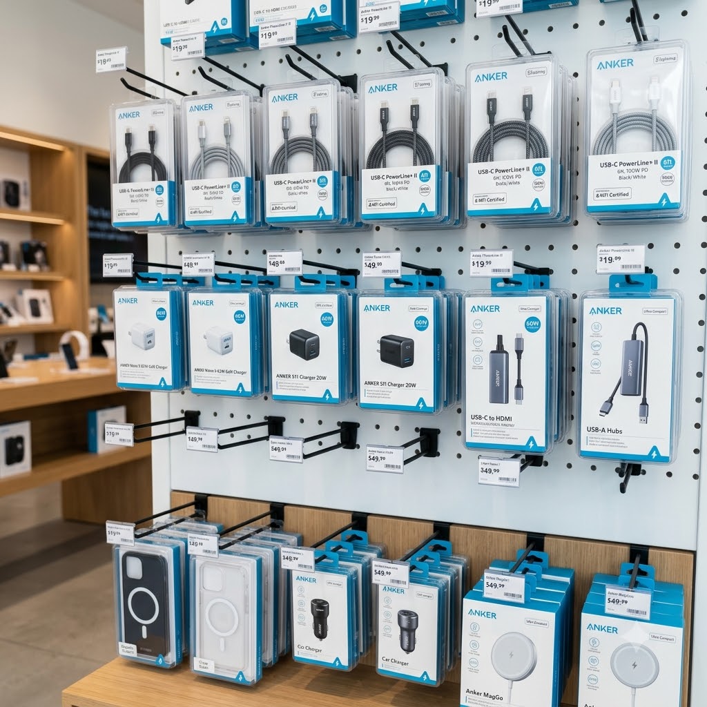 Electronics accessories including cables and wall chargers on a retail display