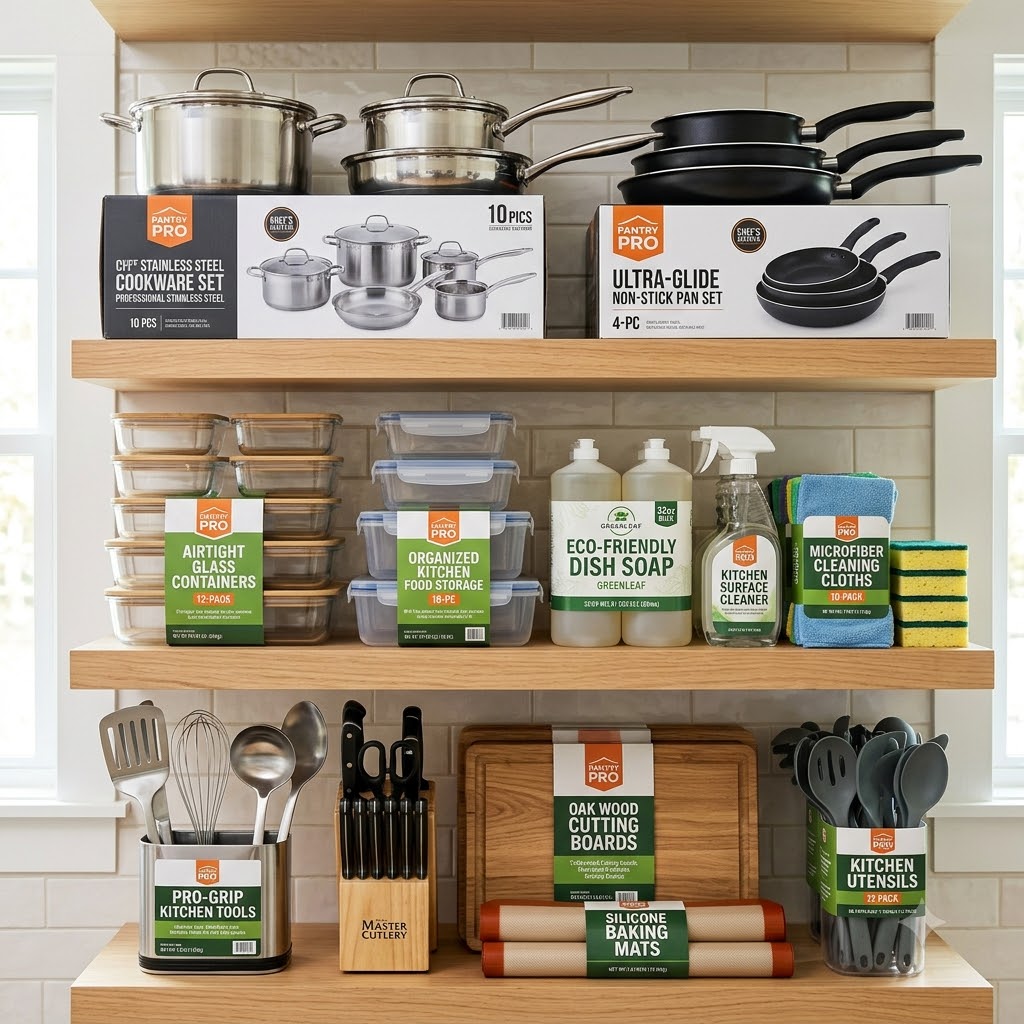 Cookware, food storage containers, cleaning supplies, and kitchen tools arranged on shelving