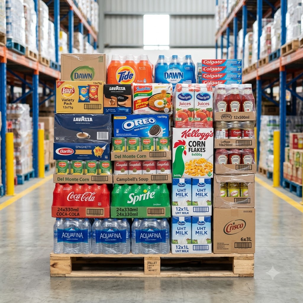 Packaged foods and beverages stacked on a warehouse pallet