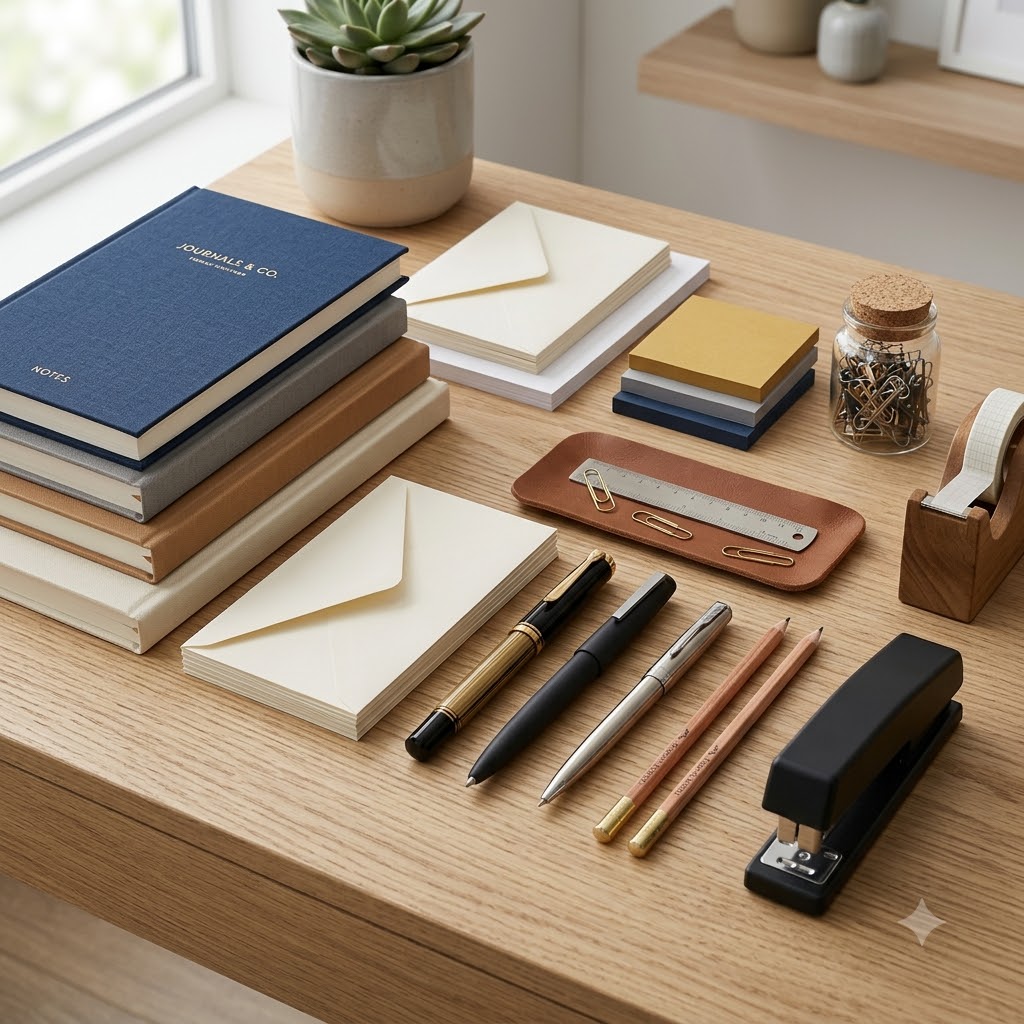 Notebooks, envelopes, pens, and desk stationery arranged on a wooden desk