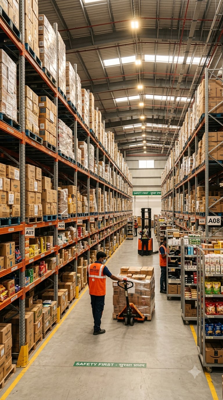 Warehouse worker in safety gear moving a pallet of packaged goods down a fully stocked aisle at a distribution facility